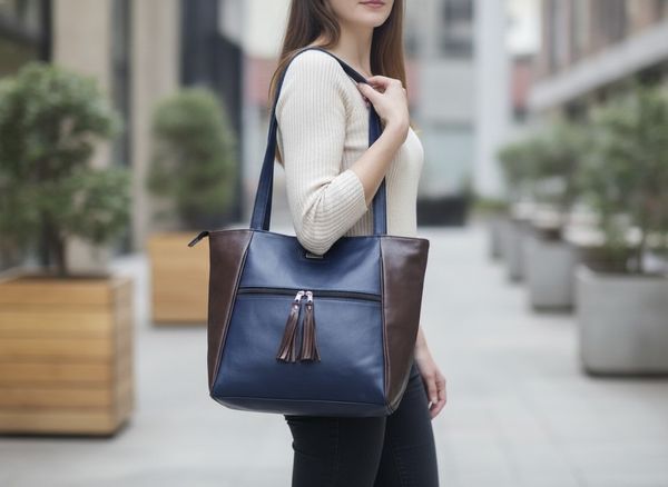 Dos carteras de hombro azul combinado con laterales oscuros y borlas en el bolsillo frontal