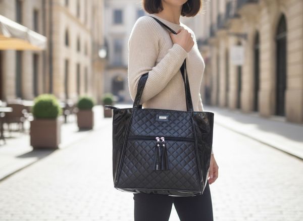 Cartera matelaseada con detalles de charol y bolsillo frontal con flecos