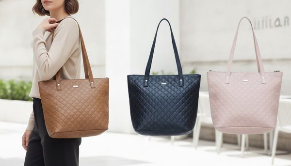 Tres carteras de hombro matelassé en colores marrón, negro y rosa claro sobre piso cerámico.