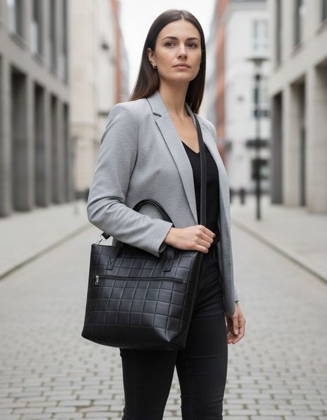 Cartera tote matelasseada de color negro con manijas de hombro y correa larga desmontable.
