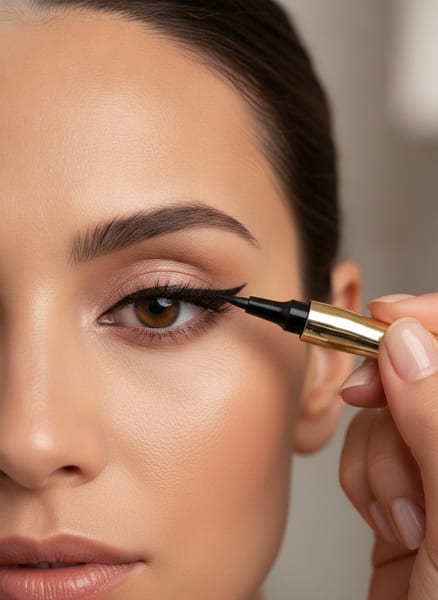 Exhibidor con delineadores líquidos de ojos pluma marca Skora con tapa dorada.