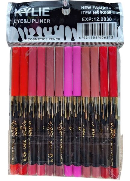 Paquete con 12 lápices delineadores para ojos y labios en varios colores.