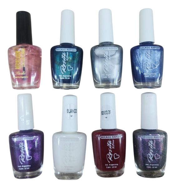 Esmaltes de uñas Rosita de 12 ml en variados colores y tratamiento reforzador