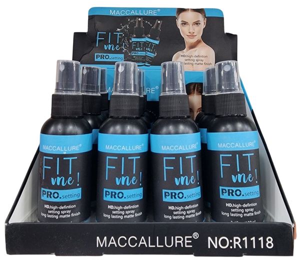 Caja exhibidora con frascos de spray fijador de maquillaje Maccallure Fit Me PRO setting acabado mate