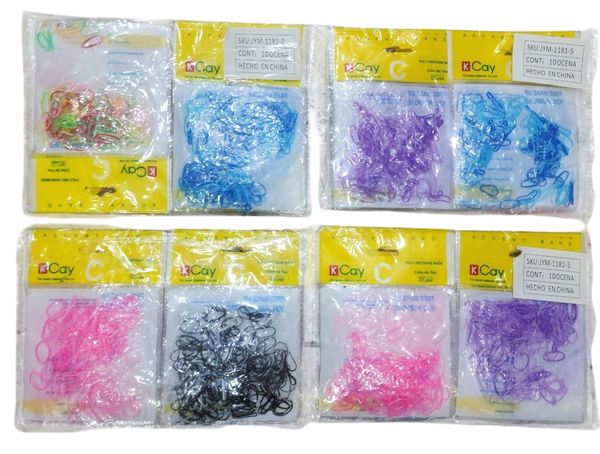 Paquetes exhibidores con gomitas elásticas de silicona para el cabello en distintos colores