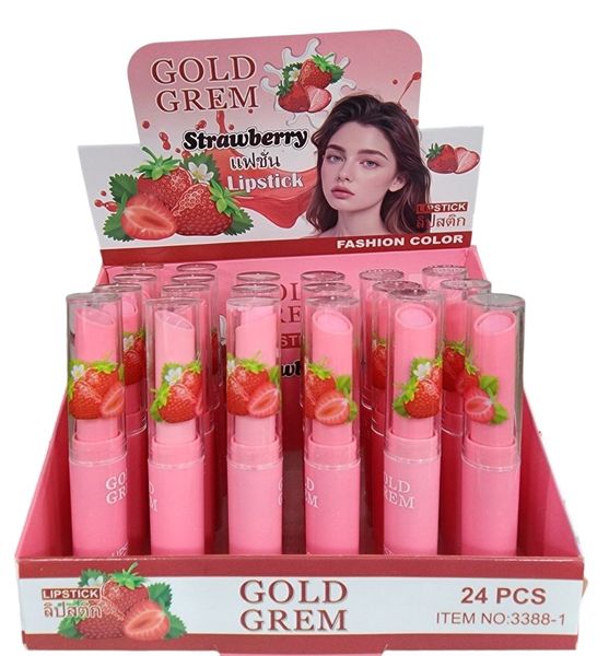 Caja exhibidora de 24 labiales rosas con gráfico de frutilla marca Gold Grem