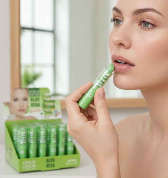 Caja exhibidora verde con 24 labiales humectantes de Aloe Vera marca Gold Grem.