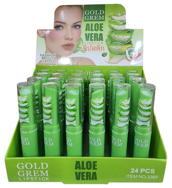 Caja exhibidora verde con 24 labiales humectantes de Aloe Vera marca Gold Grem.