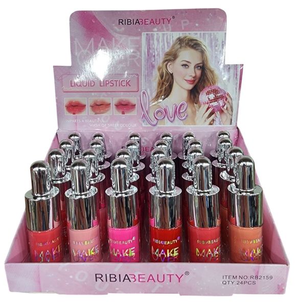 Caja exhibidora de 24 labiales líquidos Ribia Beauty con envase transparente y tapas plateadas