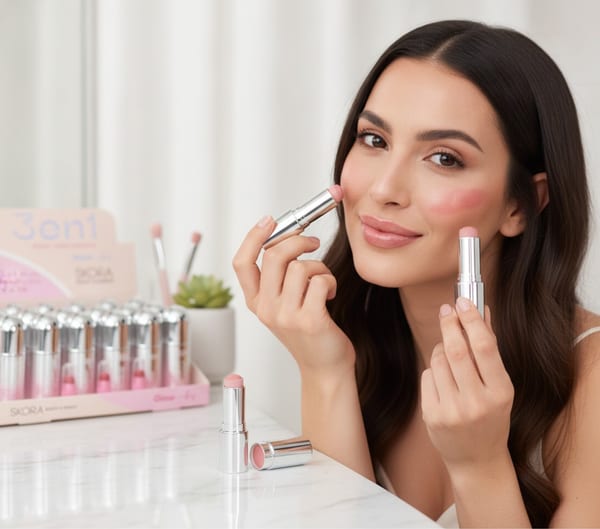 Exhibidor de maquillaje 3 en 1 Skora para rubor, labial y sombra
