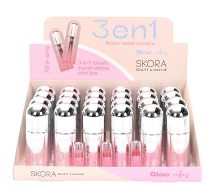 Exhibidor de maquillaje 3 en 1 Skora para rubor, labial y sombra