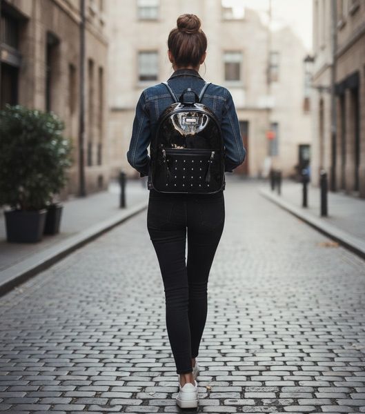 Mochila negra de charol con bolsillo frontal decorado con tachas metálicas