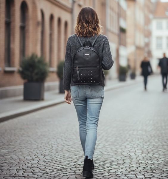 Mochila negra de textura sintética con tachas metálicas en el bolsillo frontal