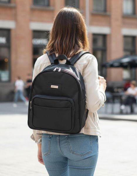 Mochila negra de diseño urbano con chapa metálica frontal y compartimento exterior