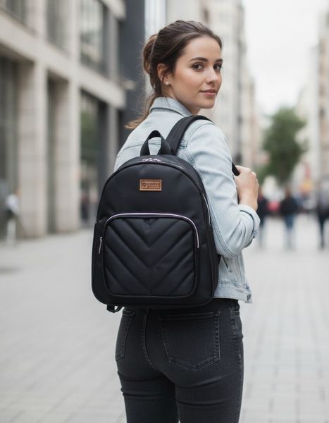 Mochila urbana negra con bolsillo frontal acolchado chevron