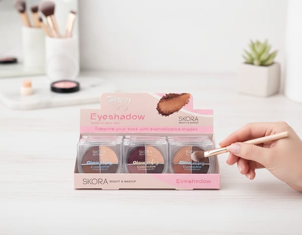 Exhibidor con paletas de sombras para ojos marca Skora Glow Vibes