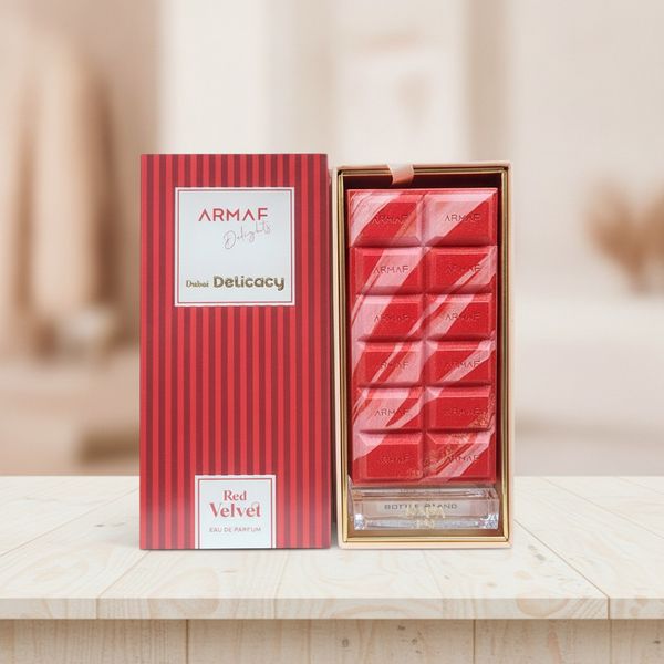 Perfume Armaf Red Velvet Eau de Parfum con frasco en forma de chocolate y caja de regalo