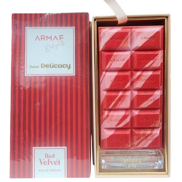 Perfume Armaf Red Velvet Eau de Parfum con frasco en forma de chocolate y caja de regalo