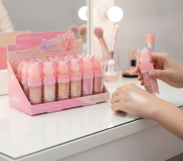 Caja exhibidora con iluminadores polvo de hadas marca Skora