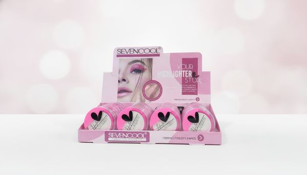 Caja exhibidora con polvos iluminadores faciales Sevencool Halo.