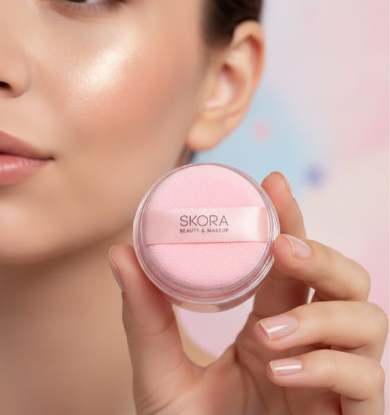 Caja exhibidora con polvos iluminadores esféricos con pompón marca Skora Glow Vibes