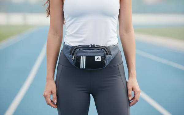 Cuatro riñoneras deportivas en colores azul, violeta, negro y rosa sobre piso de baldosas