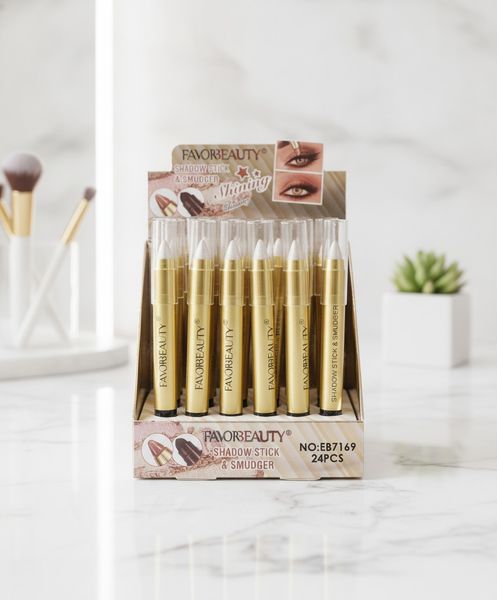 Caja exhibidora con 24 sombras de ojos en lápiz dorado marca Favorbeauty Shadow Stick